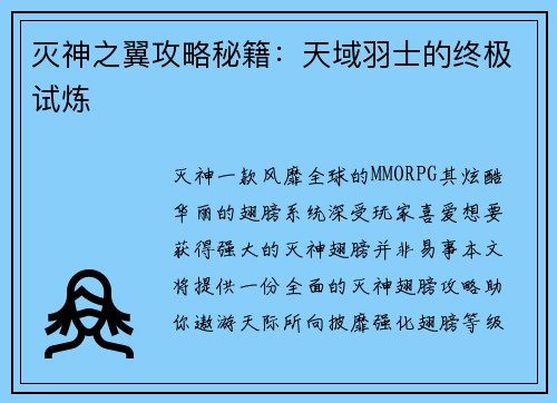 灭神之翼攻略秘籍：天域羽士的终极试炼